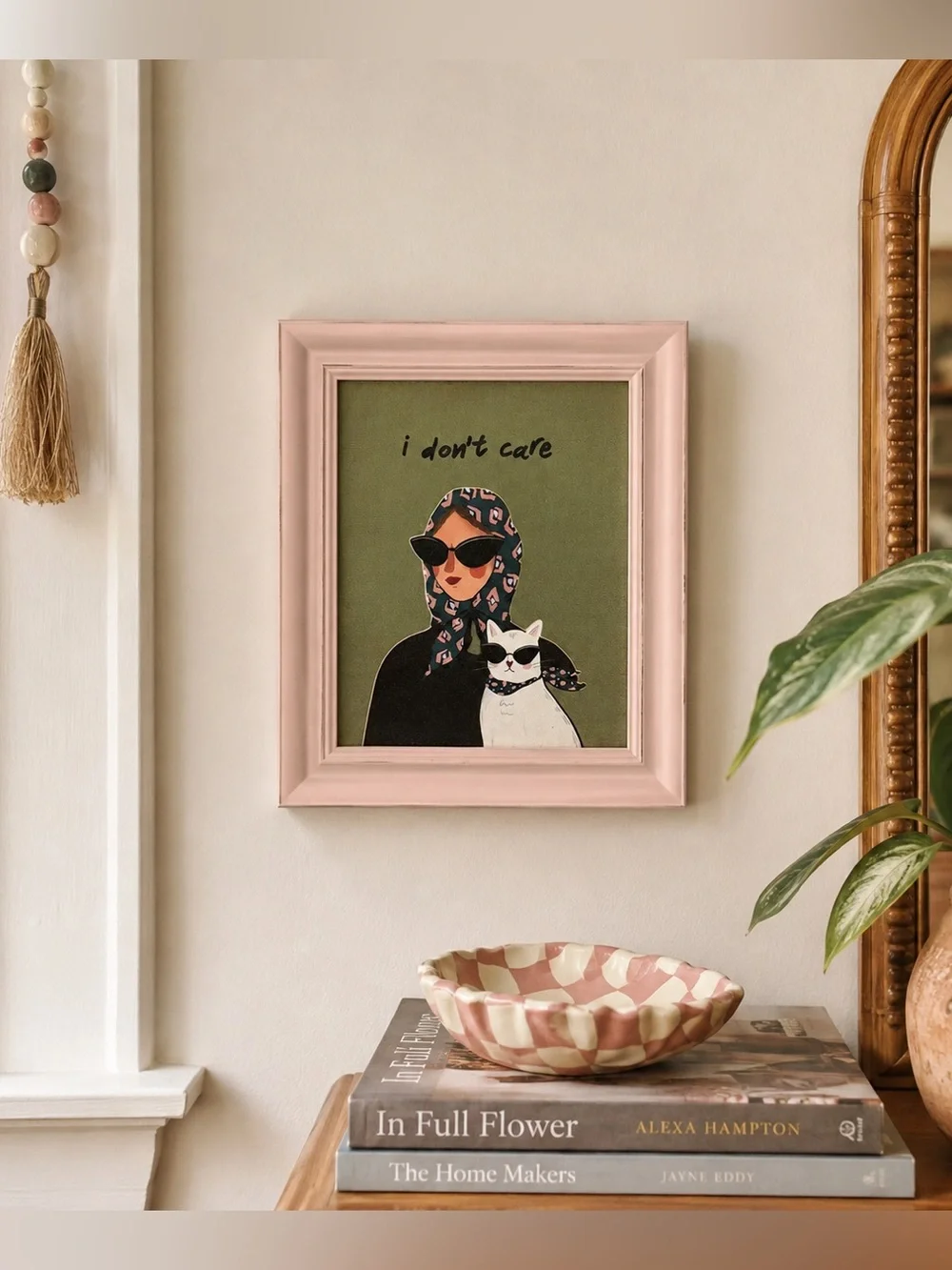 “I Don’t Care” Cat Lady Vintage Style Framed Wall Art Print Pink Green 10.5x12.5